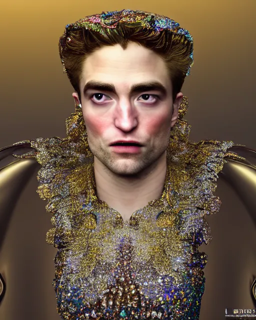 Prompt: a highly detailed metahuman 8 k close up render of robert pattinson renaissance in iris van herpen dress schiaparelli in diamonds crystals swarovski and jewelry iridescent in style of alphonse mucha gustav klimt trending on artstation made in unreal engine 4