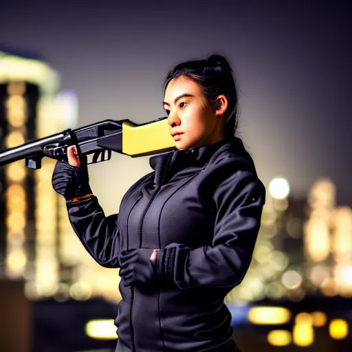 Image similar to photographic portrait of a techwear woman holding a shotgun, closeup, on the rooftop of a futuristic city at night, sigma 85mm f/1.4, 4k, depth of field, high resolution, 4k, 8k, hd, full color