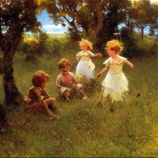 Image similar to detailed wide shot of children playing in the field, spring light, painting by gaston bussiere, craig mullins, j. c. leyendecker