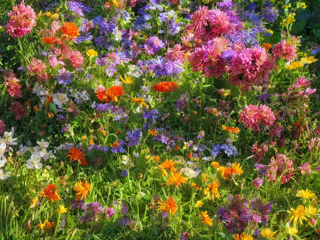 Prompt: sunlight study, wildflower garden, art nouveau, by jan davidz de heem and ( ( ( ( ( lisa frank ) ) ) ) ), 8 k, sharp focus, octane render, kauai