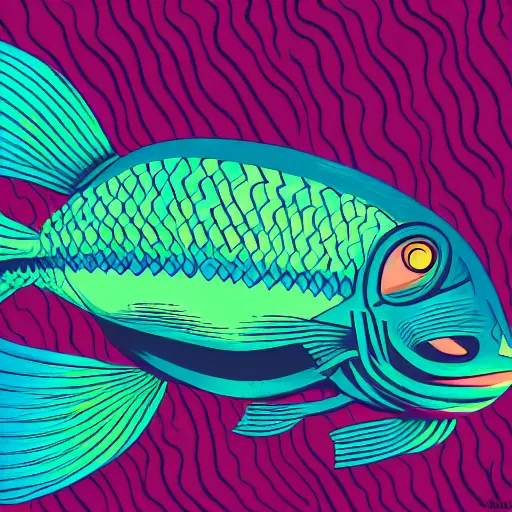 Image similar to a single highly stylized fish in the ocean, viewed in profile, closeup, seaweed, sparkles, artstation, intricate, highly detailed, digital painting, concept art, sharp focus, illustration by tom whalen and charles williams and kilian eng and james jean