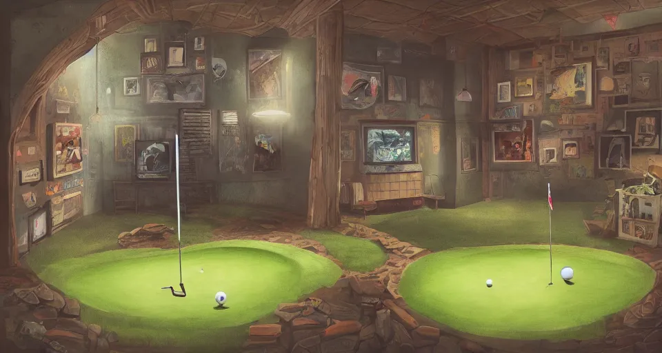 Image similar to A beautiful artwork illustration, a videogame level in a small golf-themed museum escape room with a golf ball who is a detective, featured on artstation, wide angle, horizontal orientation