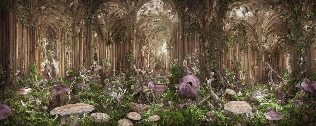 Image similar to hyperrealistic photo of the unseelie court gothic throne room mushrooms and flora