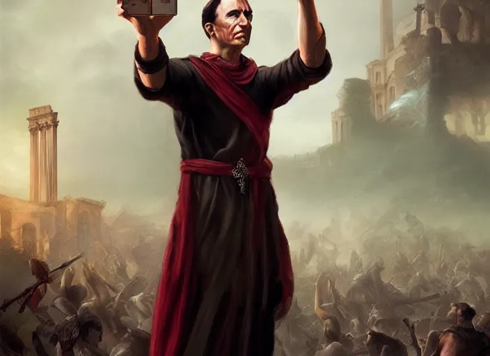 Prompt: julius caesar taking a selfie with an iphone as rome burns behind him by charlie bowater and john howe