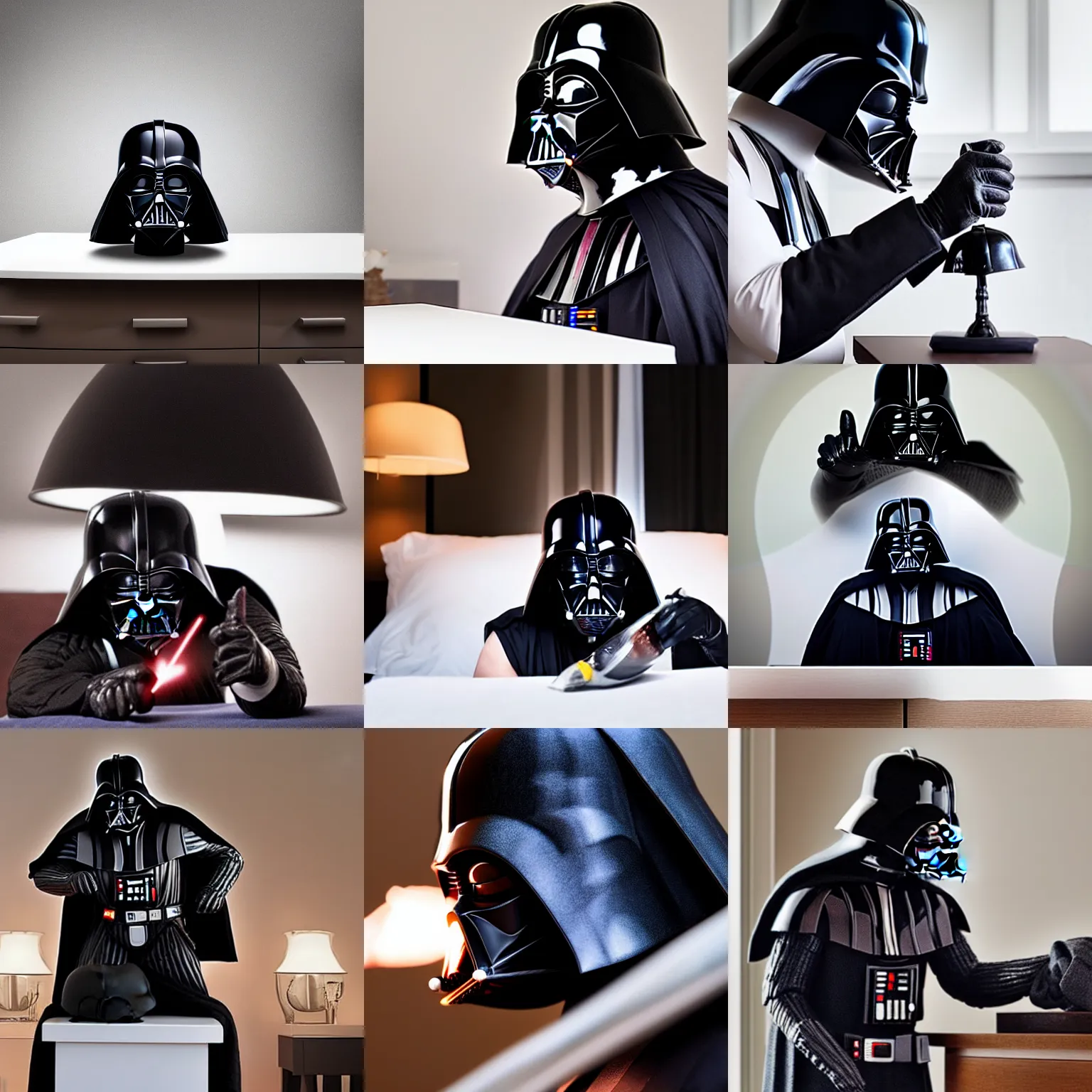 Prompt: darth vader taking off his helmet and placing it down on a nightstand after a long and exhausting day of work