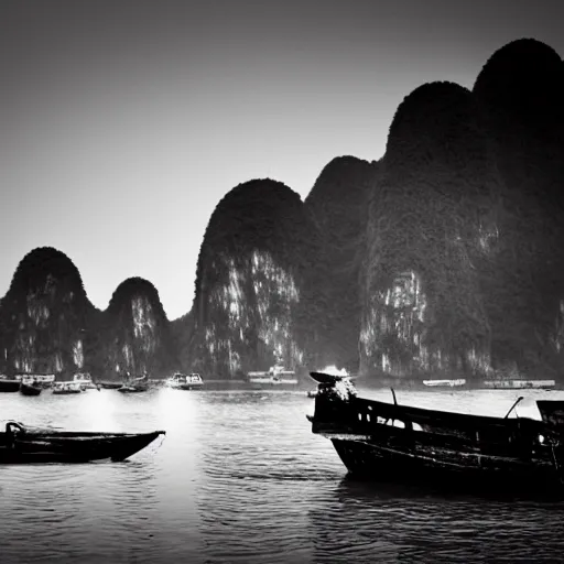 Image similar to old black and white photo of the Junk boats of Halong bay, ancient artifact, foggy, surreal, photorealistic