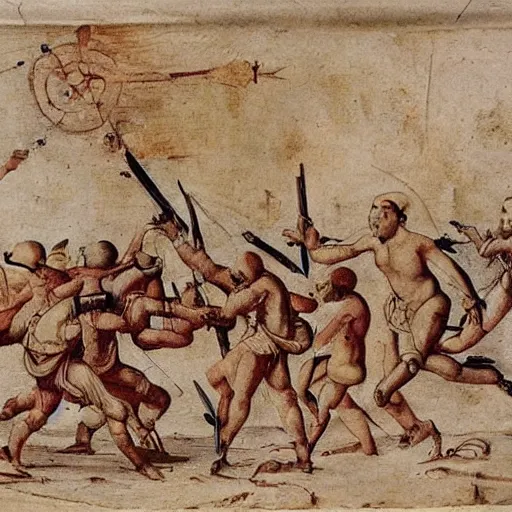 Prompt: epic depiction of fruits going to war. ancient painting, drawn by galileo, highly detailed, hd