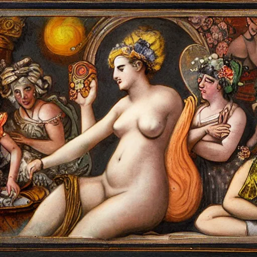 Prompt: The street art shows Venus seated on a crescent moon. She is surrounded by the goddesses Ceres and Bacchus, who are both holding cornucopias. patina, Hanna Barbera by Louis Icart, by Giovanni Battista Piranesi turbulent