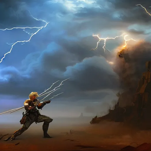 Prompt: a man with short blonde hair shooting lightning bolts at his enemy in battle. detailed matte painting. masterpiece. 4 k. fantasy art. by craig mullins. franzetta. repin