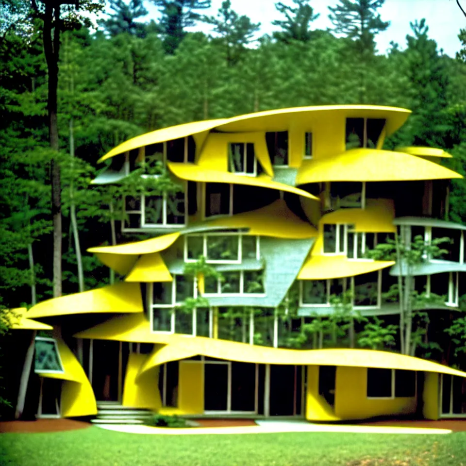 Prompt: a flat leveled mid-century modern house with big tiles in a forest, designed by Frank Gehry. Film grain, cinematic, yellow hue