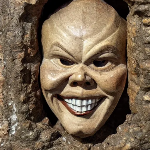 Image similar to grotesque medieval sculpture of howdy doody, detailed rough stone texture