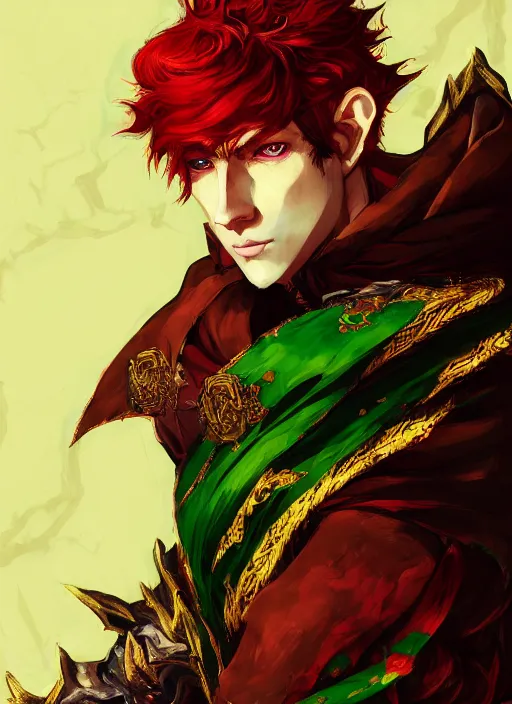 Image similar to Half body portrait of a handsome young red haired elven monk prince with dragon eyes, red, green and gold ornate robe. In style of Yoji Shinkawa and Hyung-tae Kim, trending on ArtStation, dark fantasy, great composition, concept art, highly detailed.