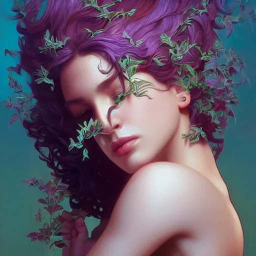 Image similar to surreal beautiful young woman, detailed gorgeous face turning into a tree, leaves, sad eyes, vaporwave aesthetic, synthwave , digital painting, artstation, concept art, smooth, sharp focus, illustration, art by artgerm and greg rutkowski and alphonse mucha