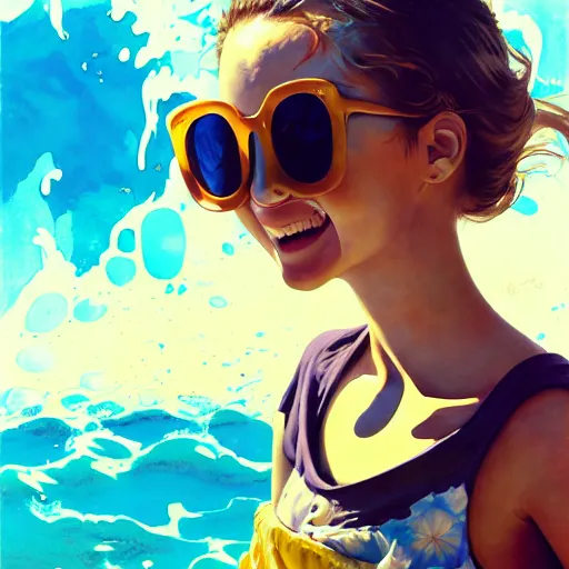 Image similar to Extremely Detailed and Full Portrait scene of Gooey Ocean scene in ink and refined sand, Wendy Thomas Wendys Mascot Girl with shades on face. wearing a sundress full body smiling by Akihito Yoshitomi AND Yoji Shinkawa AND Greg Rutkowski, Mark Arian trending on artstation