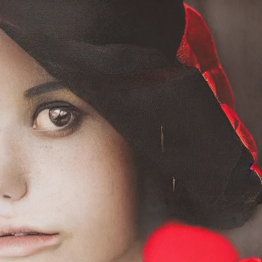 Image similar to beauty photographic portrait of half - length portrait of stunning girl in a red hat and black dress, kodak portra 4 0 0, 8 k, soft light, volumetric lighting, highly detailed,,