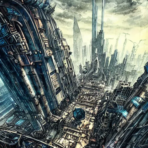 Prompt: abandoned ruined futuristic mega city, gothic art, color, detailed, eerie, emotional, sad, highly detailed, sharp focus, motherboard, Artstation, deviantart, artgem, insane detail, watercolor, golden ratio, n the style of Heavy Metal Comics