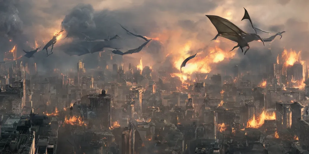 Prompt: movie frame still from live action horde of pteranodon attacking the city, fires, black smoke, 8 k ultra wide angle zenith view greg rutkowski kim jung gi
