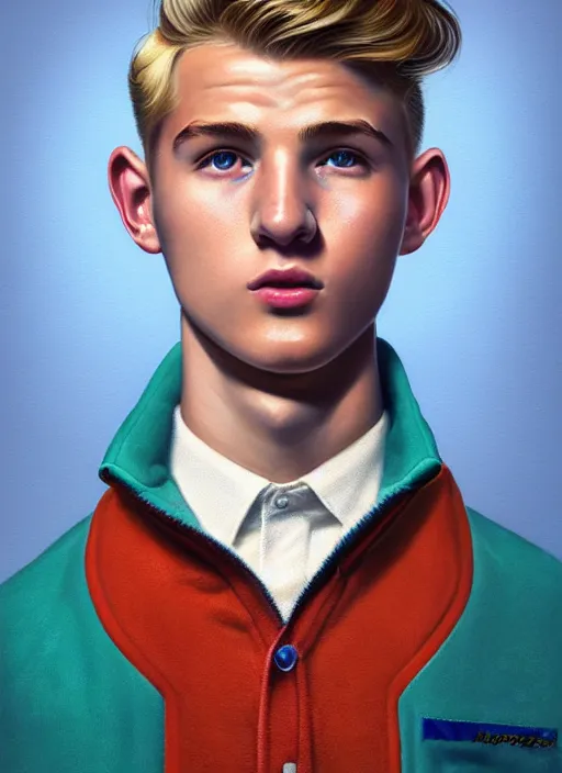 Image similar to portrait of a high school senior boy named moose mason, blonde short hair, jock, beefy, square jaw, square facial structure, 1 9 5 0 s, blue varsity jacket, intricate, elegant, glowing lights, highly detailed, digital painting, artstation, concept art, smooth, sharp focus, illustration, art by wlop, mars ravelo and greg rutkowski