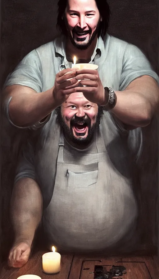 Image similar to keanu reeves as fat drunk tavern owner, apron, laughing, candles, fame of thrones, warhammer, fibonacci, sweat drops, intricate fashion clothing, insane, intricate, highly detailed, surrealistic, digital painting, artstation, concept art, smooth, sharp focus, illustration, unreal engine 5, 8 k, art by artgerm and greg rutkowski and alphonse mucha