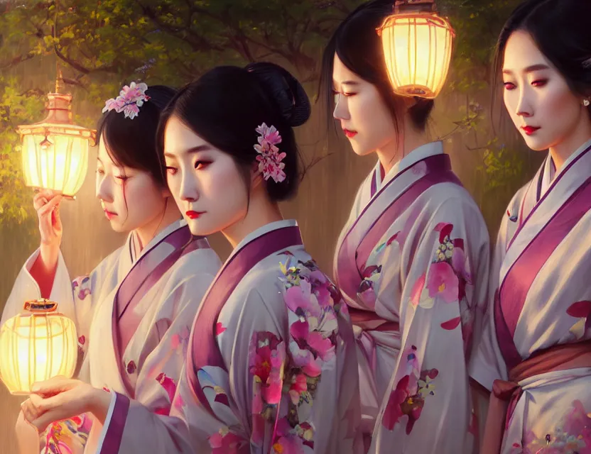 Image similar to two beautiful fashion taiwan girl wear elegant yukata in festival | | big eyes, summer night, realistic shaded, smile, good looking, fine details, 4 k realistic, cryengine, realistic shaded lighting poster by greg rutkowski, magali villeneuve, artgerm, jeremy lipkin and michael garmash and rob rey