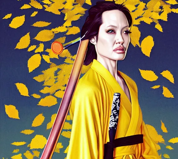 Image similar to breathtaking detailed pattern pastel colors, action scene from kill bill, with angelina jolie ( kill bill ) in yellow kimono, swinging katana sword and autumn leaves, fuji, by hsiao - ron cheng, exquisite detail, enhanced eye detail