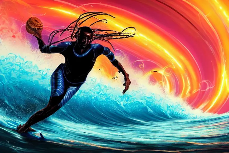 Prompt: a wide angle dynamic action photo of the silhouette of a cybernetic black man with dreadlocks surfing an opal barrel wave, neon lightning storm, by clark little and rhads in a surreal style, concept art by artgerm, ( wave porn ), highly detailed, infinite intricacy fractal, retrowave sunset, bokeh!!!