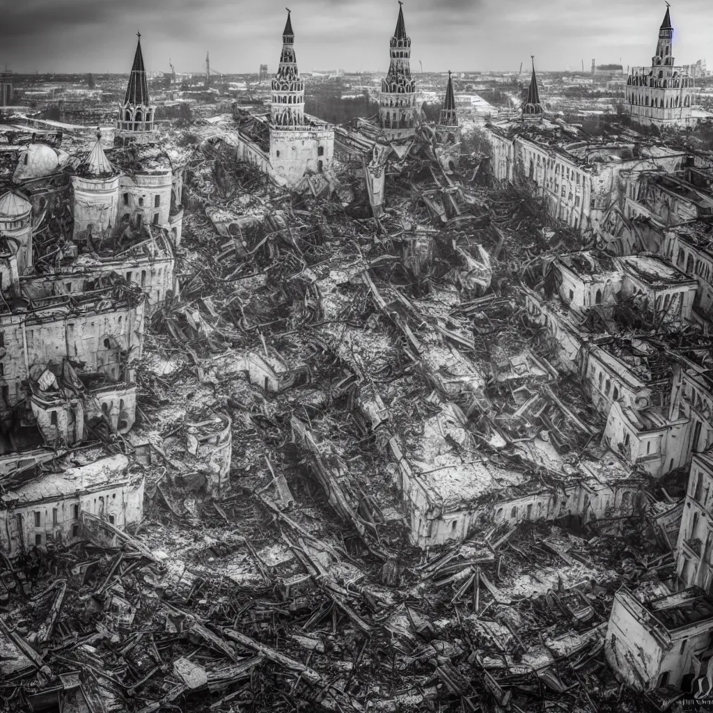Image similar to collapse of kremlin moscow, destruction, chaos, 4 k, realistic, professional photography