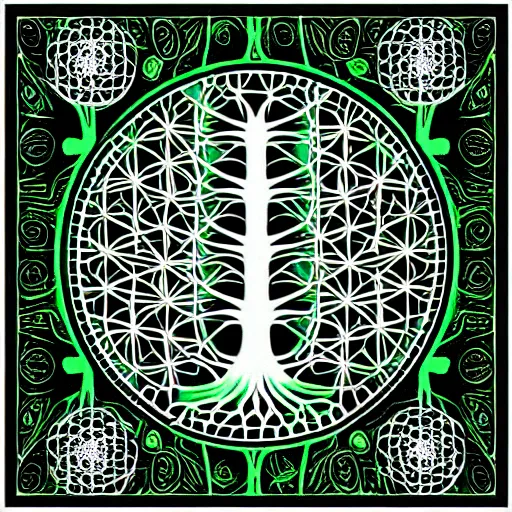 Prompt: Tree of life, sacred geometry, green and black, rendered