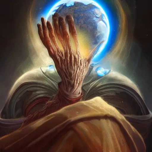 Image similar to the creator of worlds wearing a cloak and holding a holographic planet projection in his hand, detailed, sci - fi, digital painting, artstation, sharp focus, illustration, ominous, artgerm, tomasz alen kopera, peter mohrbacher, donato giancola, joseph christian leyendecker, wlop, frank frazetta