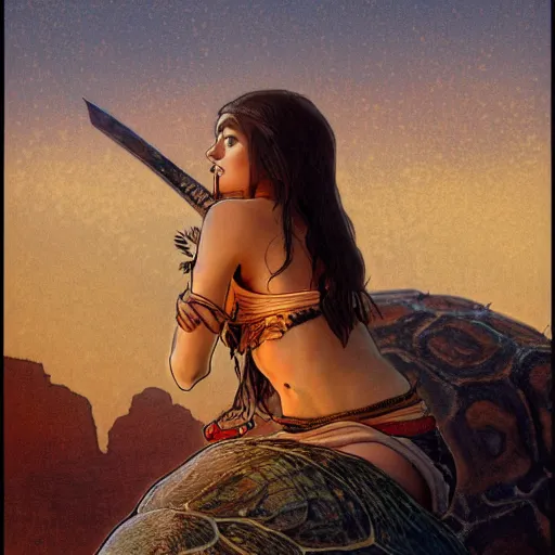 Image similar to a little warrior girl sitting on top of a giant turtle that is walking in the desert, seen from a distance. the girl is fully visible and has dark skin, realistic full body and a very beautiful detailed face with long black hair. diffuse light, dramatic sky and landscape, fantasy illustration by mucha