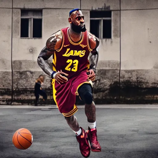 Image similar to lebron james playing basketball in the street with young boys, photorealistic, dynamic light, cinematic, ultra detailed