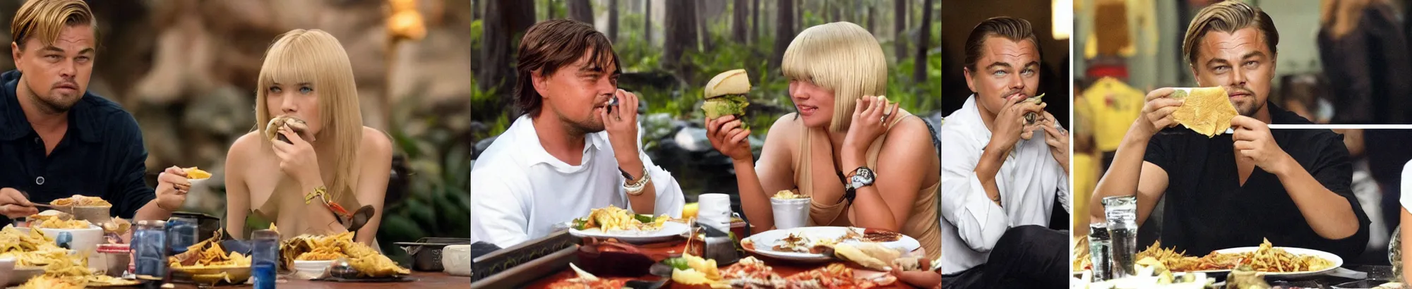 Prompt: leonardo dicaprio with bob haircut with blonde bangs eating food inside world of warcraft elwynn forest