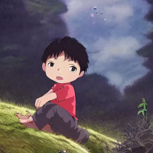 Prompt: young boy and ghibli creature , with Fragile looking character portrait face made by Studio Ghibli highly detailed art, beautiful scene, sharp focus, smooth,fantasy, 8k, anime art