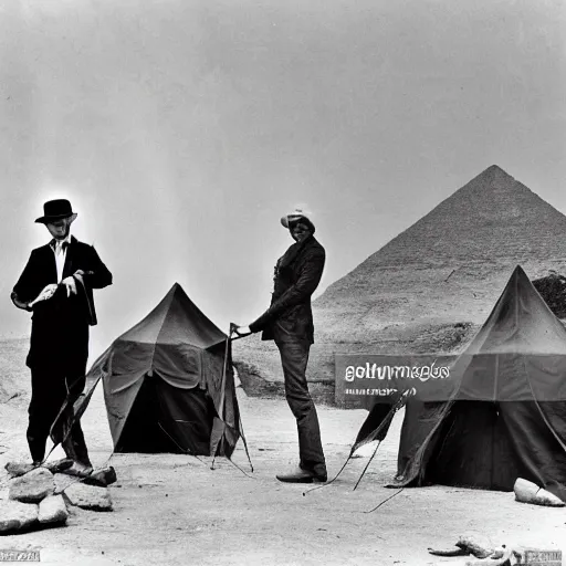 Image similar to English gentleman silent movie star performs monologue to archaeologist expedition audience at dig site in Egypt to distract them while his accomplishes sneak into expedition leader's tent. set in 1920s