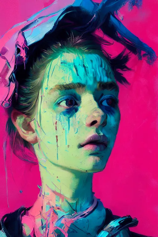 Prompt: portrait of a beautiful girl living in a postapoliptic forgotten world, she has seen war and has seen death, in the colors hot pink and cyan, beautiful face, rule of thirds, complex outfit, spotlight, by greg rutkowski, by jeremy mann, by francoise nielly, by van gogh, digital painting