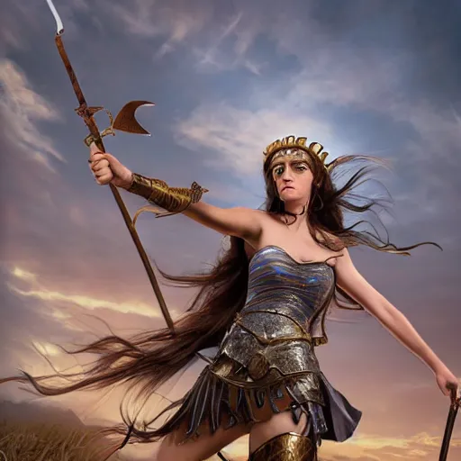 Image similar to Greek goddess Athena fighting with stupidity, realistic person, spear in the right hand, long hair, natural look, hyper realistic, highly detailed, 4k, battle landscape