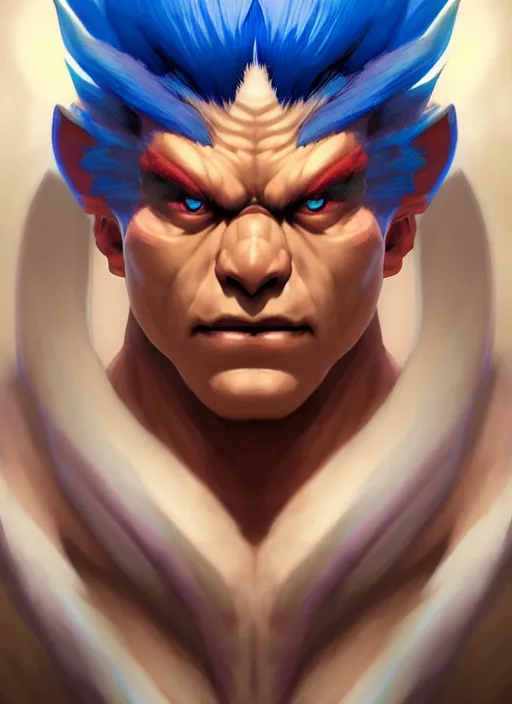 Image similar to symmetry!! portrait of blue akuma, street fighter, global illumination!! intricate, elegant, highly detailed, digital painting, artstation, concept art, smooth, sharp focus, illustration, art by artgerm and greg rutkowski and alphonse mucha