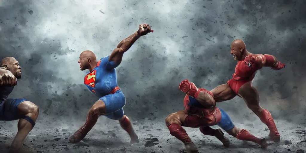 Image similar to kevin hart beating up the dwayne johnson in a superman costume, masterpiece, highly detailed, high quality, 4 k, anatomically correct, hyperrealistic, concept art, octane render, unreal engine 5, trending on artstation, trending on deviantart, matte, historical painting, fantasy style, path traced, high coherence, soft lighting, digital painting, mythical