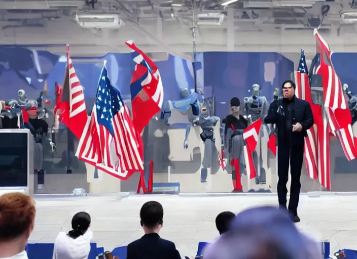 Prompt: dystopian propaganda style human robot dictator giving a speech to human robots next to two large flags with robot heads on them