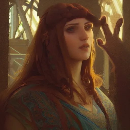 Prompt: A twenty year old Mesopotamian witch in training, in a major Mesopotamian city, highly detailed, digital painting, artstation, concept art, sharp focus, illustration, cinematic lighting, art by artgerm and greg rutkowski and alphonse mucha