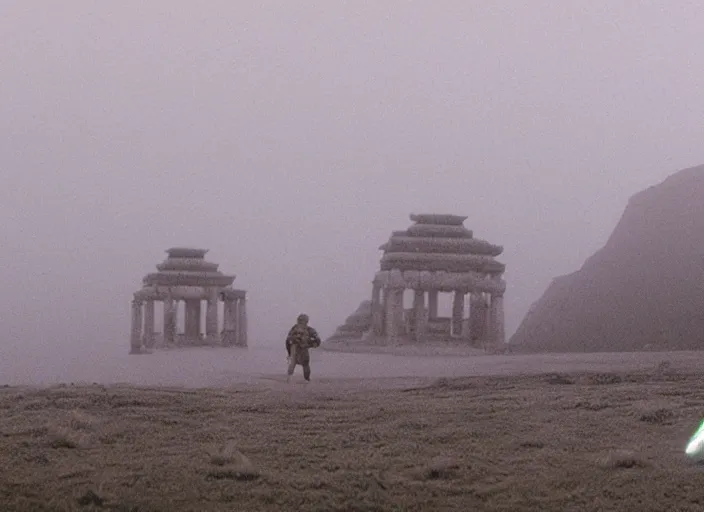 Image similar to epic still of Luke Skywalker using lightsaber in foggy environment, approaching an ancient temple in the distance, iconic scene from the 1980s film directed by Stanley Kubrick, cinematic lighting, kodak film stock, strange, hyper real, stunning moody cinematography, with anamorphic lenses, crisp, detailed portrait, 4k image