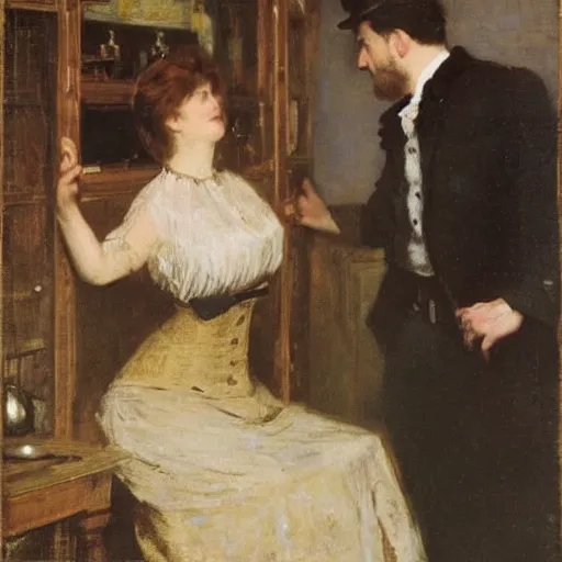 Image similar to a man and a woman solving an escape room puzzle alfred stevens