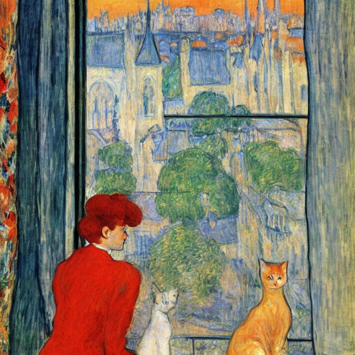 Image similar to woman in vermillion dress and white cat with city with gothic cathedral seen from a window frame with curtains. thunderstorm. bonnard, henri de toulouse - lautrec, utamaro, matisse, monet