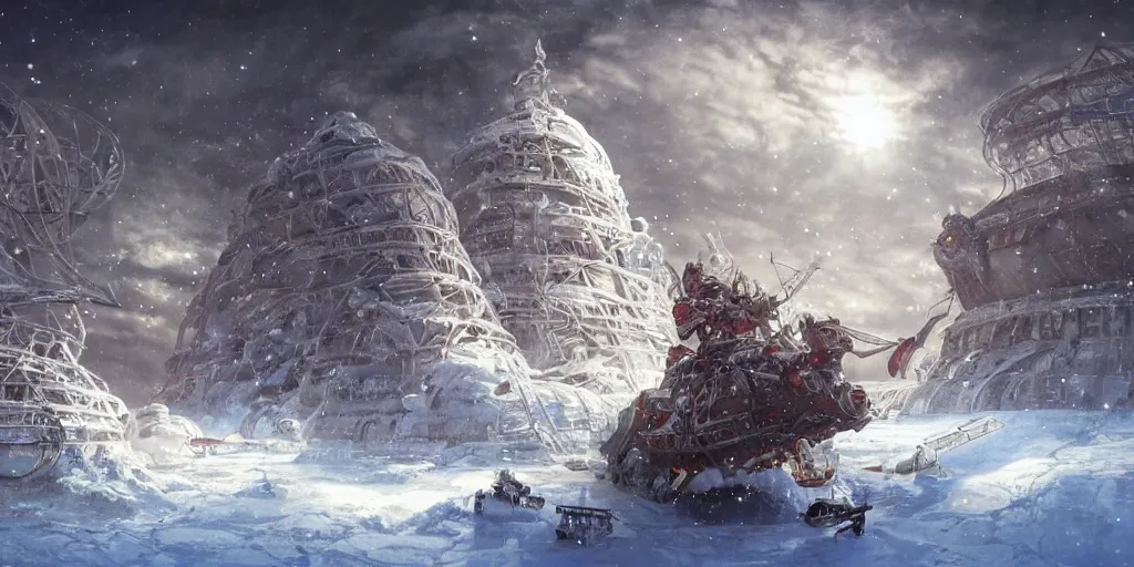 Prompt: North pole, snow, Gargantuan Mothership landing on ice, lasers attack on people and laboratories, wide angle, professional kodak lenses, magic, fire, face painting, dramatic lighting, intricate, wild, highly detailed, digital painting, artstation, concept art, smooth, sharp focus, illustration, art by artgerm and greg rutkowski and alphonse mucha, footage from space camera