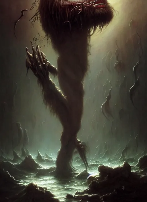 Prompt: shackled in styx river of the underworld, frank frank frazetta and cgsociety, stunning sasquatch, charlie bowater and tom bagshaw, insanely detailed, deviantart, space art, atoms surrounded by skulls, death, and spirits deep water, blood splatters, horror, sci - fi, surrealist painting, by peter mohrbacher