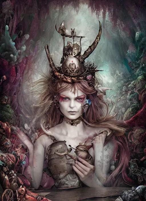 Image similar to alice in wonderland, viking god, highly detailed, cinematic, 8 k, by megan duncanson, benjamin lacombe, adrian borda, stanley artgermm, tom bagshaw, craig mullins, carne griffiths, ayami kojima, beksinski, giger, trending on deviantart, hyper detailed, horror, full of colour