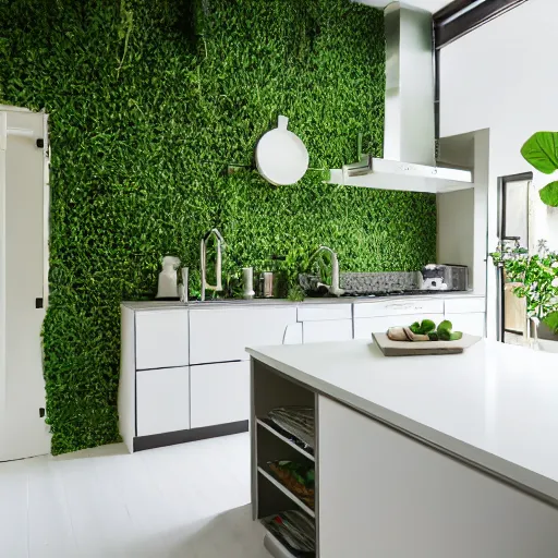 Prompt: a photograph of a contemporary kitchen, white with green accents, filled with plants and vines, wide angle, morning light,