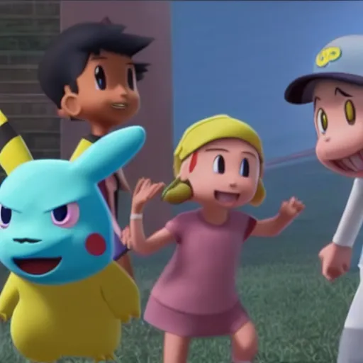 Prompt: Misty, Ash and Brock, film still from the 3d Pixar Pokémon movie