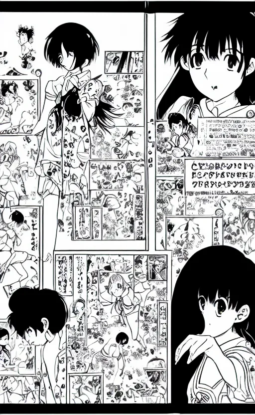 Prompt: a page of multi-panel manga by Naoko Takeuchi and Hayao Miyazaki, black and white manga comic, japanese text kanji, shoujo manga