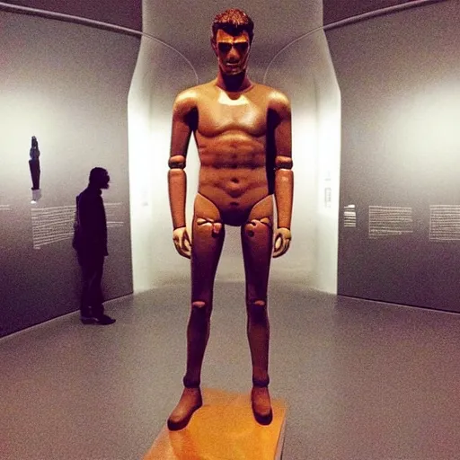 Image similar to “ a realistic detailed photo of a guy who is an attractive humanoid who is half robot and half humanoid, who is a male android, actor liam hemsworth, shiny skin, posing like a statue, blank stare, at the museum, on display ”